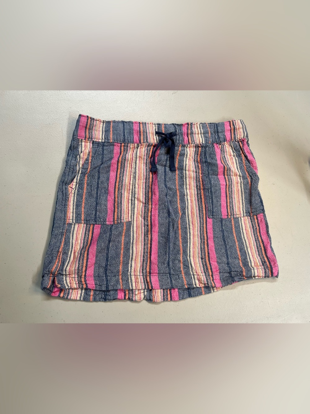Dash Linen Blend Striped Mini Skirt Women’s Medium Blue Pink Drawstring Pockets